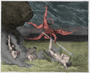 Inferno, Canto 22: Ciampolo ontsnapt aan de demon Alichino in de vijfde bolgia, illustratie uit De Goddelijke Komedie van Dante Alighieri, 1885 (digitaal ingekleurde gravure)